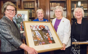 Pat Krasnausky (l.) President and CEO of Cabrini of Westchester and Bonita Burke, VP of Operations present the Sisters of Charity with the Liberty and Justice Award.